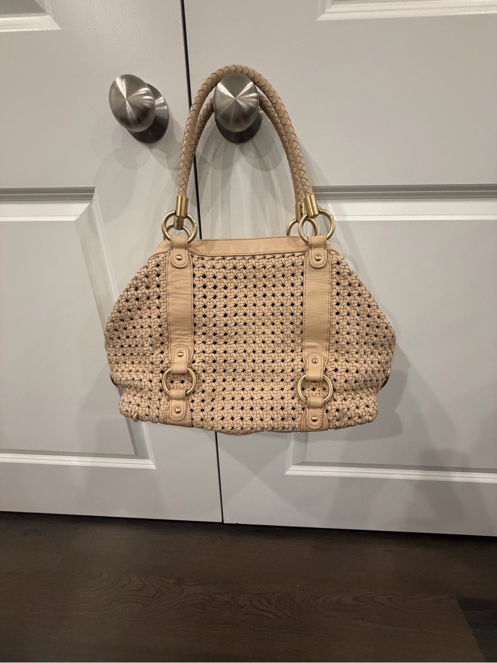 Antonio Melani Woven Leather Satchel Handbag - Beige